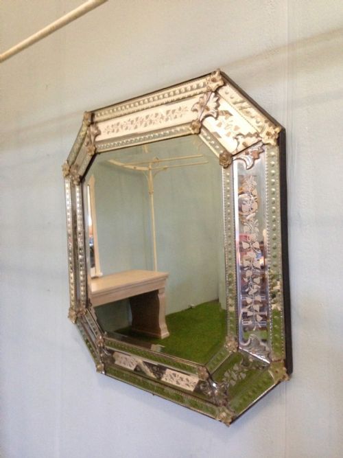 Large Octagonal Venetian Wall Mirror with Decorative Detailed Etching. C.1865
