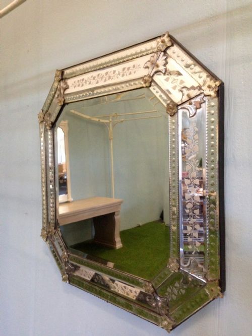 fig 2. Large octagonal Venetian wall mirror with decorative detailed etching. C.1865