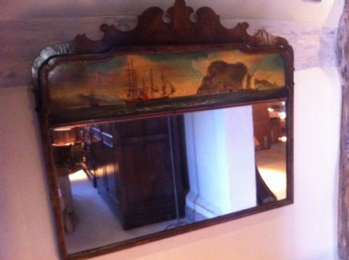 Unusual Walnut Mirror with a Painted Naval Sea View.
