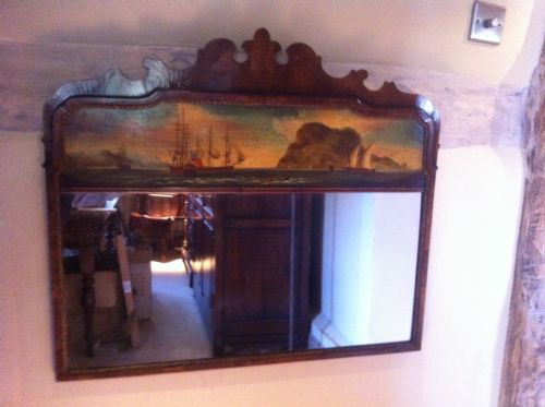 fig 1. Unusual walnut mirror with a painted naval sea view.