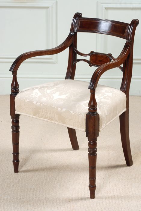 fig 1.  fine early regency set of eight mahogany dining chairs. C.1810 six singles and two carver chairs.
