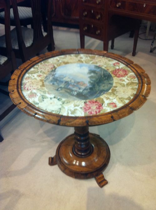 Rare Rosewood Occasional Table with a Tapestry and Circular Watercolour Under the Glass Top