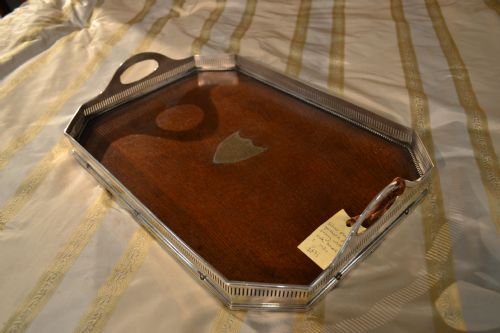 fig 1. Good Victorian silver plate and oak presentation tray in excellent condition