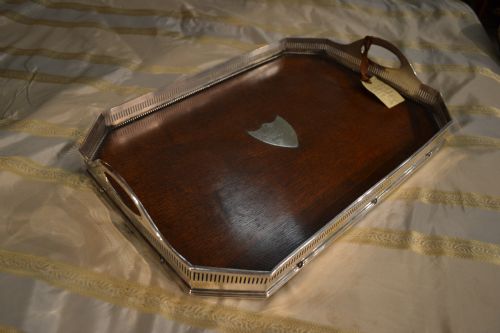 fig 2. Good Victorian silver plate and oak presentation tray in excellent condition
