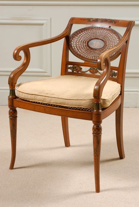 Exquisite Set of Six Painted Satinwood Armchairs in Excellent Condition.