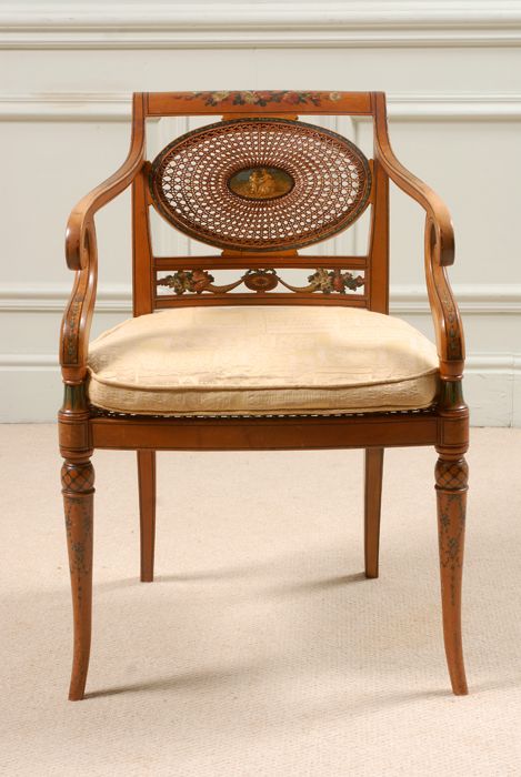 fig 1. Exquisite Set of six painted Satinwood armchairs in excellent condition.