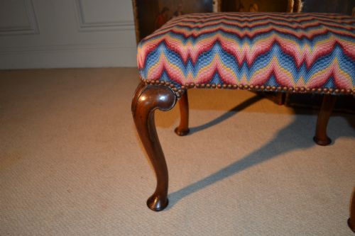 QUEEN ANNE STYLE WALNUT STOOL ON CARVED CABRIOLE LEGS A UNUSUALLY DECORATIVE NEEDLEPOINT COVER - ADDITIONAL PHOTO 2