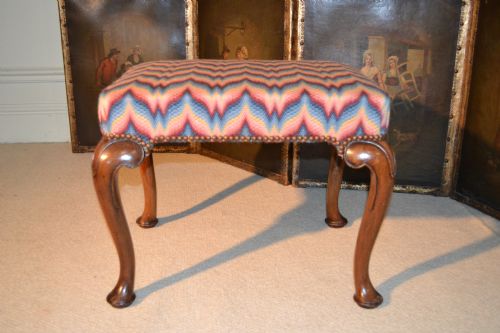 QUEEN ANNE STYLE WALNUT STOOL ON CARVED CABRIOLE LEGS A UNUSUALLY DECORATIVE NEEDLEPOINT COVER - ADDITIONAL PHOTO 3