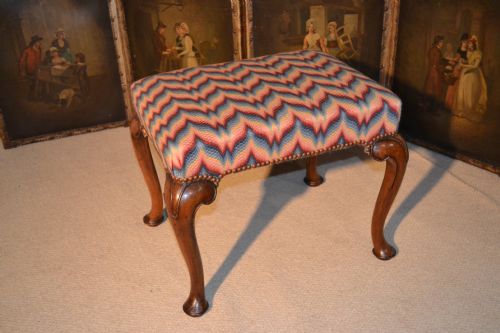 QUEEN ANNE STYLE WALNUT STOOL ON CARVED CABRIOLE LEGS A UNUSUALLY DECORATIVE NEEDLEPOINT COVER - ADDITIONAL PHOTO 4