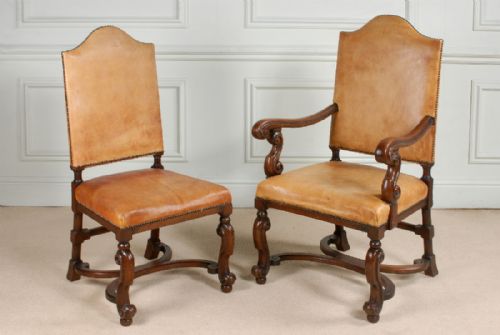 Fine Set of 10 Queen Anne Style Oak and Tan Leather Chairs