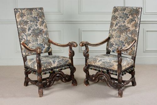 Pair of William & Mary Style High Back Well Carved Arm Chairs in Original Condition