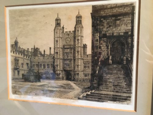 fig 1. A framed Victorian monochrome etching depicting Luptons Tower at Eton College, set within a cream mount and a black and gold frame.