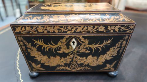 RARE REGENCY PENWORK TEA CADDY - ADDITIONAL PHOTO 1