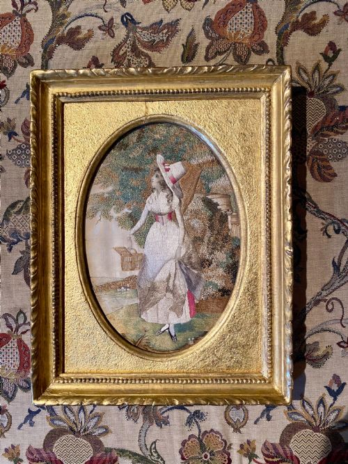 18th Century Fine Silk Embroidery in Original Gilt Wood Frame