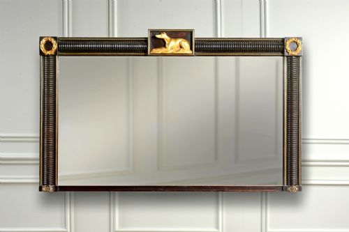 RARE REGENCY EBONISED OVERMANTEL MIRROR WITH GILDED GREYHOUND