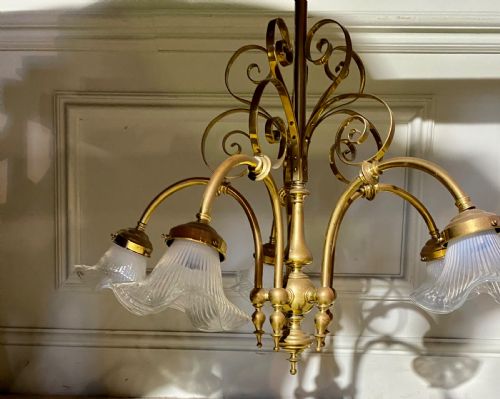 ART DECO BRASS FIVE LAMP CHANDELIER - ADDITIONAL PHOTO 1