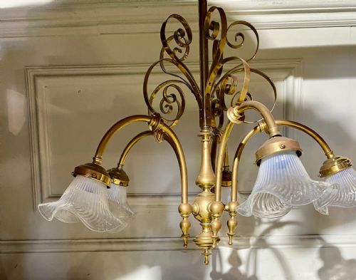ART DECO BRASS FIVE LAMP CHANDELIER - ADDITIONAL PHOTO 5