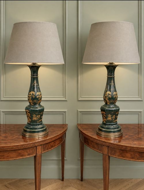 Pair of Green Chinoiserie Ceramic Lamps on Brass Bases