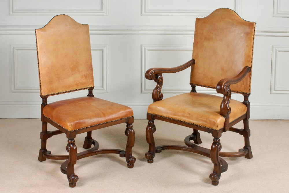 Fine set of 10 Queen Anne style oak and tan leather chairs