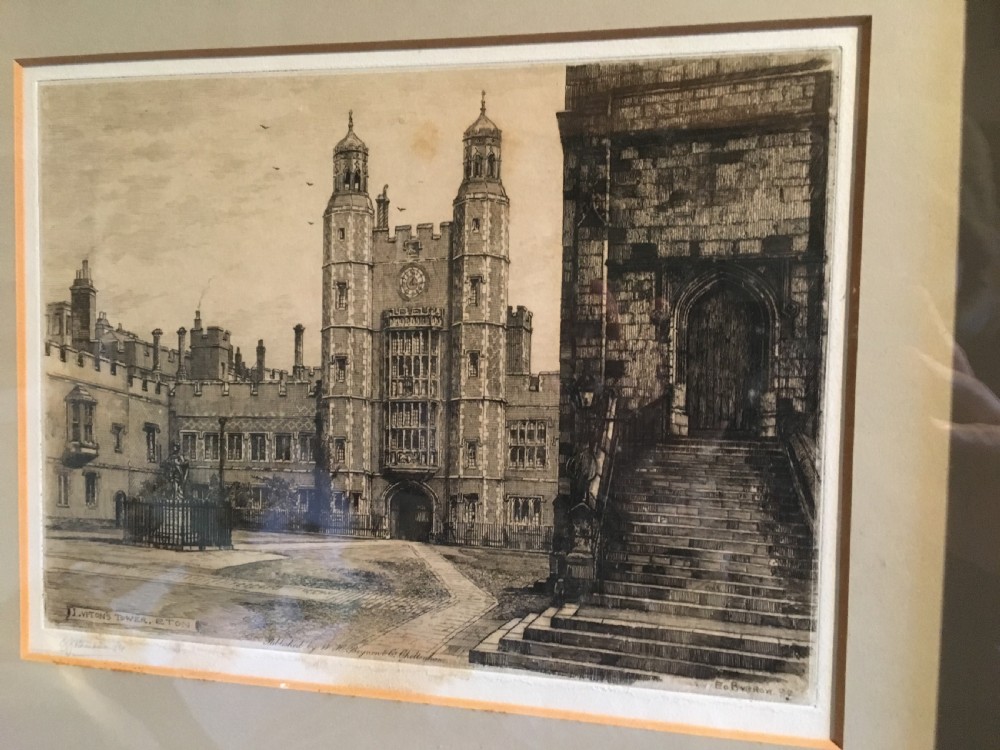 A framed Victorian monochrome etching depicting Luptons Tower at Eton College, set within a cream mount and a black and gold frame. View III