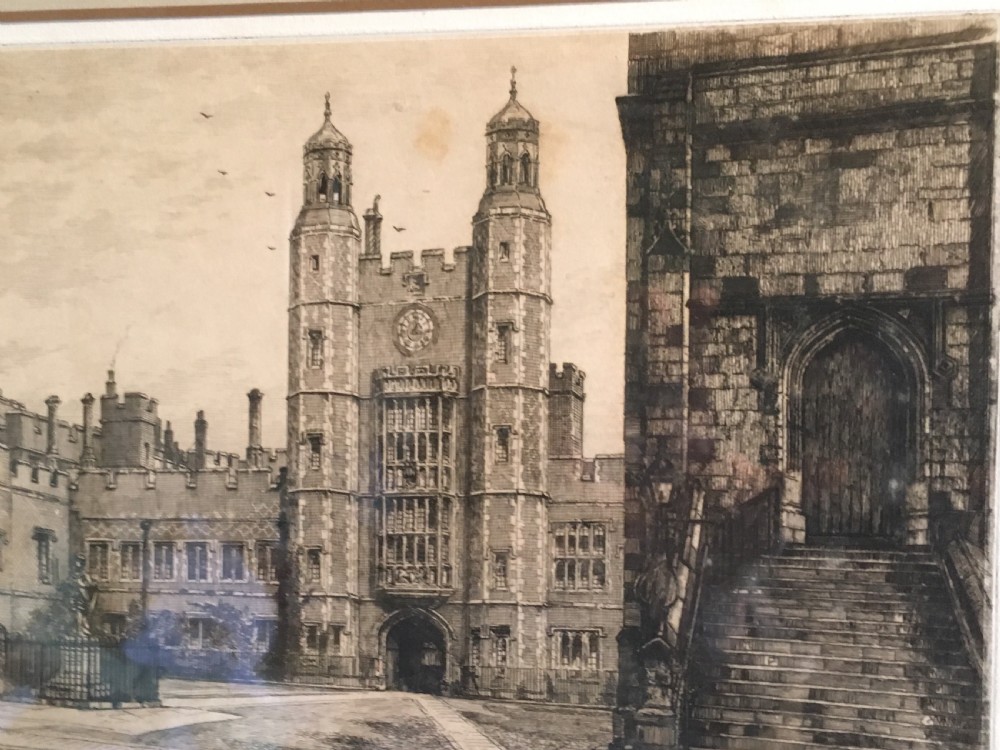 A framed Victorian monochrome etching depicting Luptons Tower at Eton College, set within a cream mount and a black and gold frame. View IV