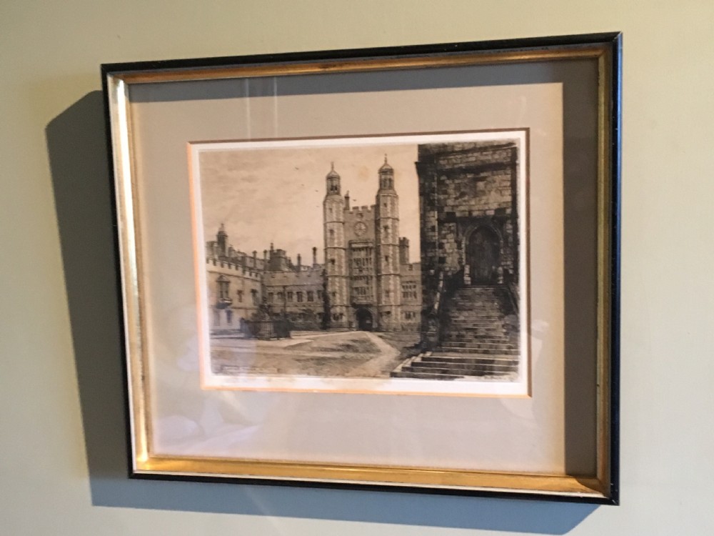 A framed Victorian monochrome etching depicting Luptons Tower at Eton College, set within a cream mount and a black and gold frame. View XIII