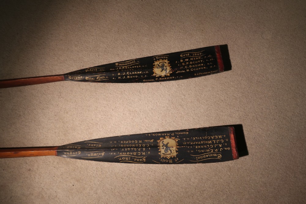 19th century Oars Two Rare Emmanuel College, Cambridge presentation rowing oars