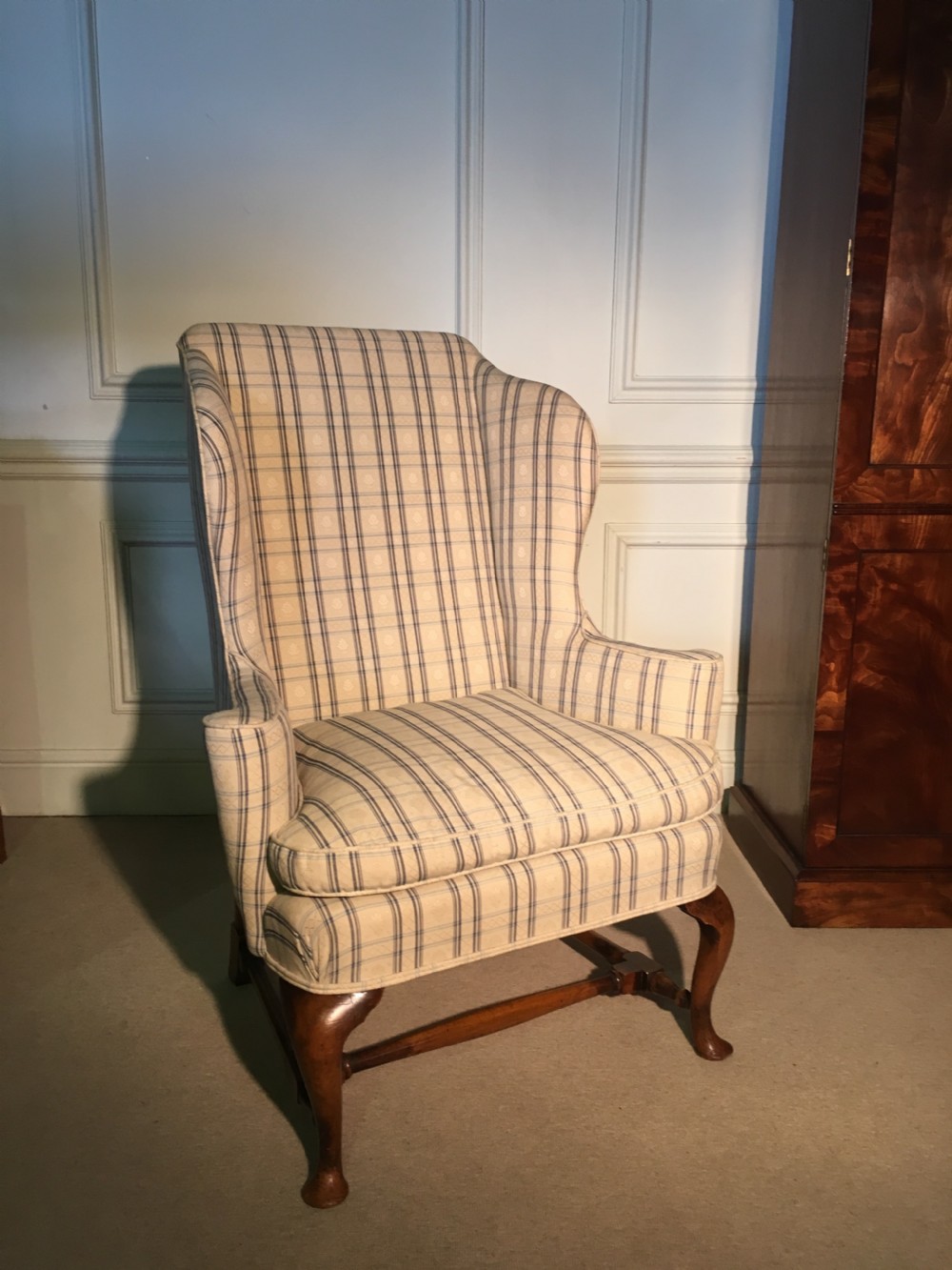Queen Anne style walnut wing arm chair in superb condition