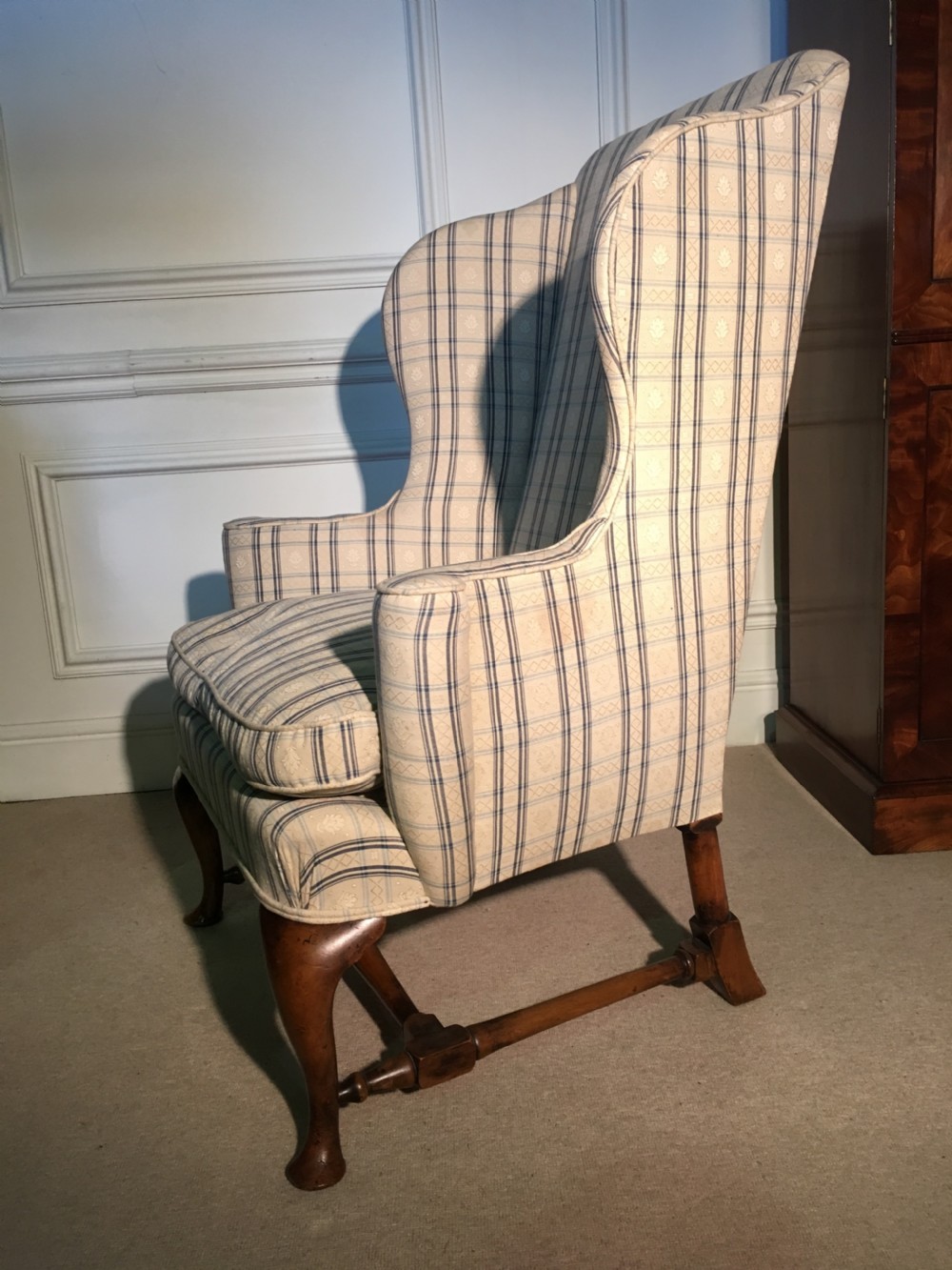 Queen Anne style walnut wing arm chair in superb condition View II