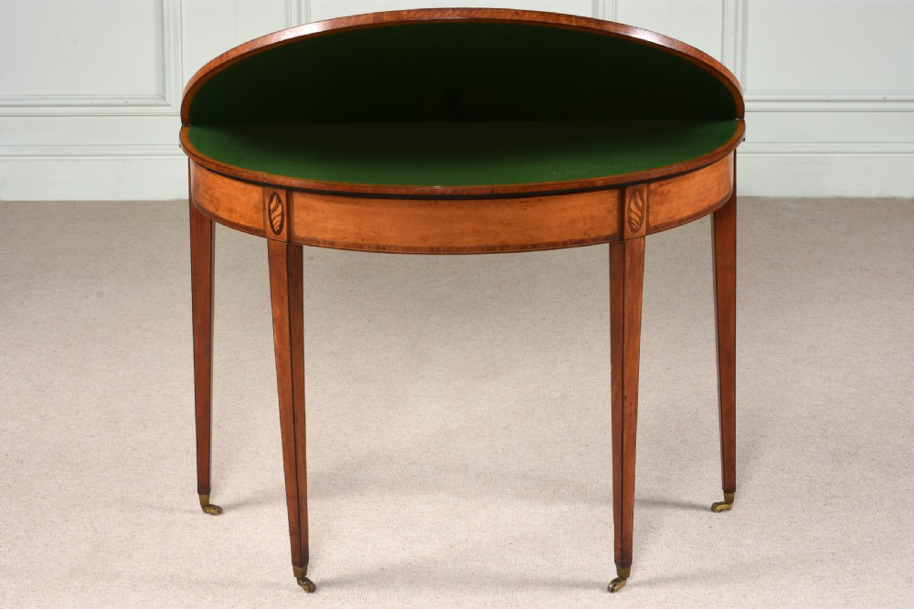 Superb 18th century George III Sheraton demi-lune card table. C.1780 View II
