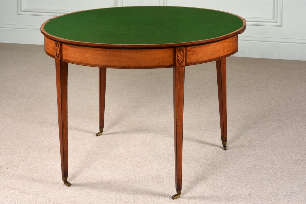 Superb 18th century George III Sheraton demi-lune card table. C.1780 View III