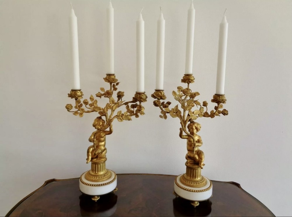 Fabulous pair of 19th Century French Ormolu and Carrera marble candlesticks 
