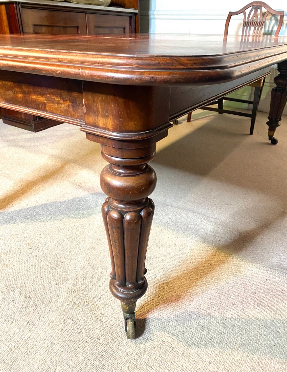 A 19th-century mahogany extending dining table featuring rounded corners, turned and reeded legs, and brass castors. View III