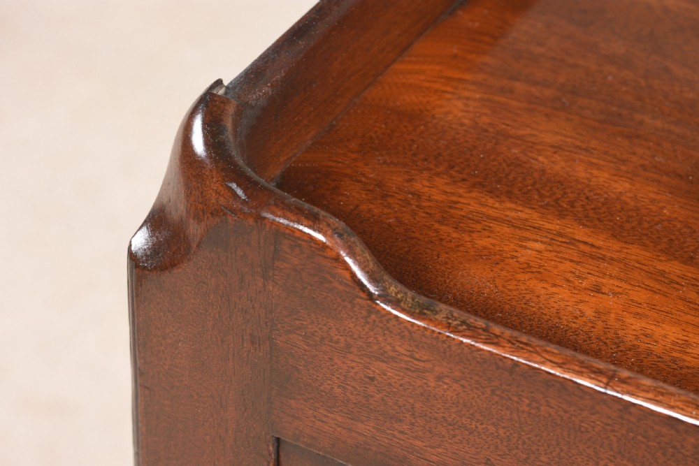 A pair of 18th-century George III mahogany bedside commodes featuring tray tops with handles, tambour shutter doors, and brass drawer handles. View VII