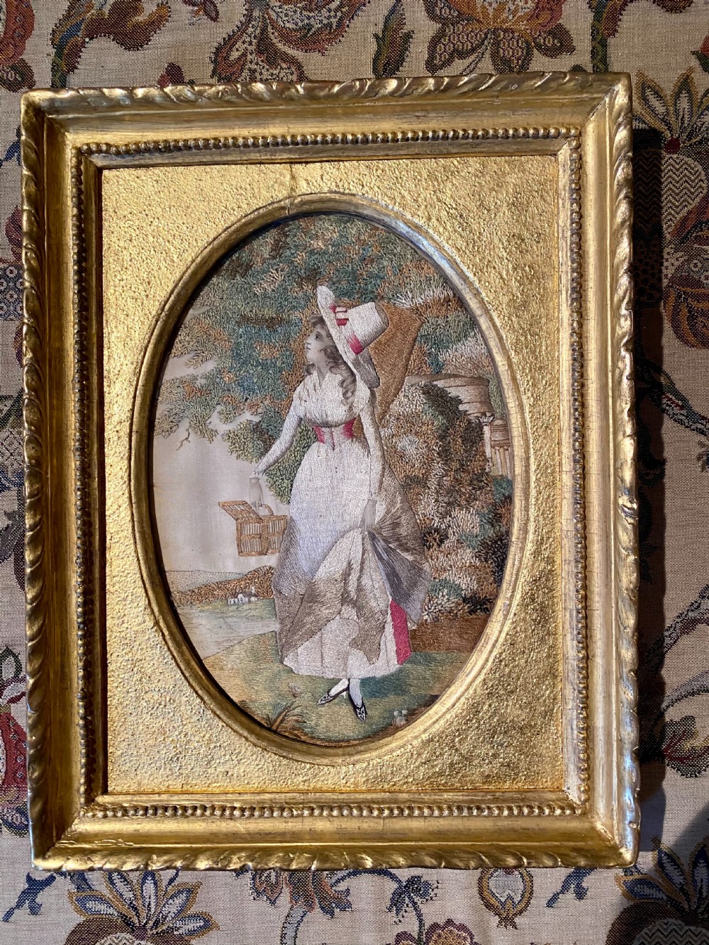 18th Century fine silk embroidery in original gilt wood frame View II