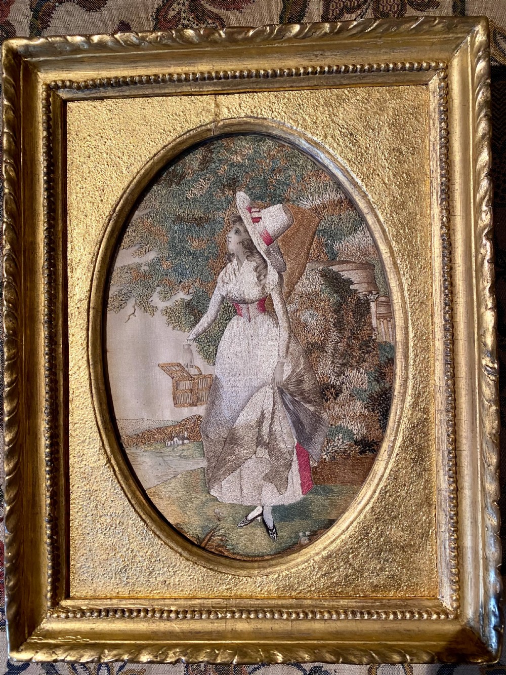 18th Century fine silk embroidery in original gilt wood frame View III