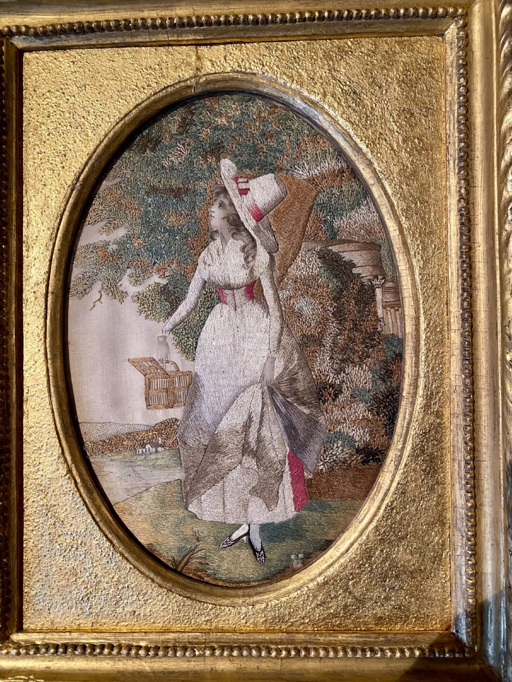 18th Century fine silk embroidery in original gilt wood frame View IV