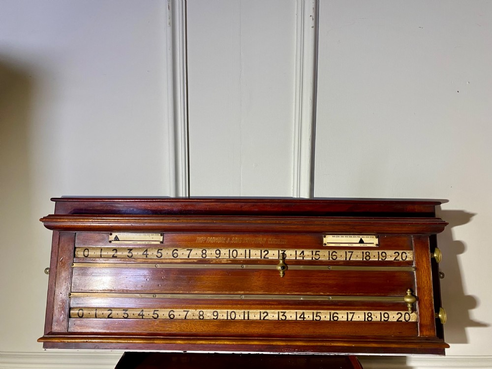 An antique Victorian mahogany and brass snooker scoreboard featuring sliding pointer markers and numbered tracks. View II