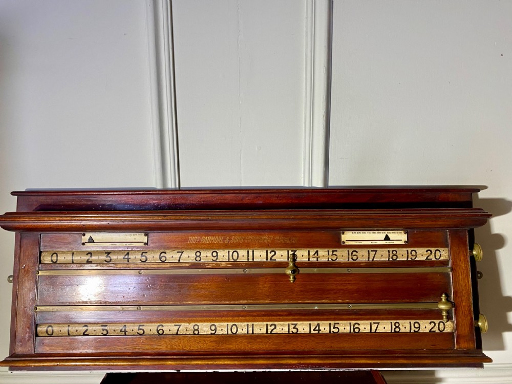 An antique Victorian mahogany and brass snooker scoreboard featuring sliding pointer markers and numbered tracks. View III