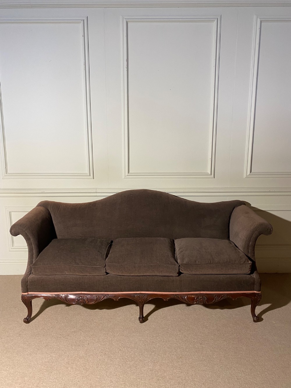 Queen Anne style camel back three seater sofa