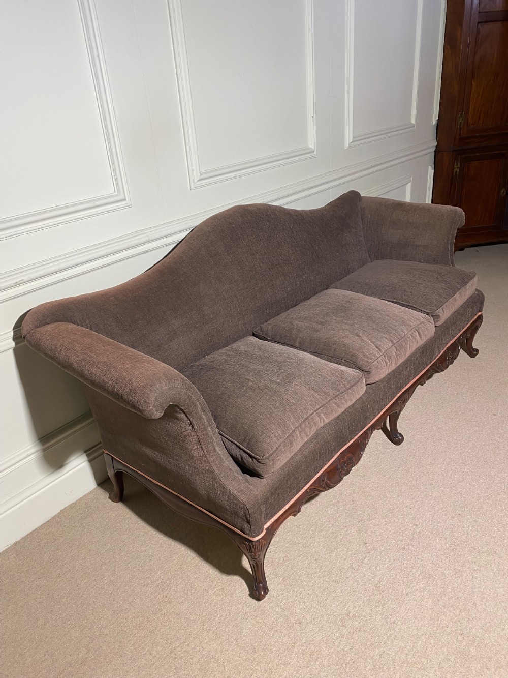 Queen Anne style camel back three seater sofa View III