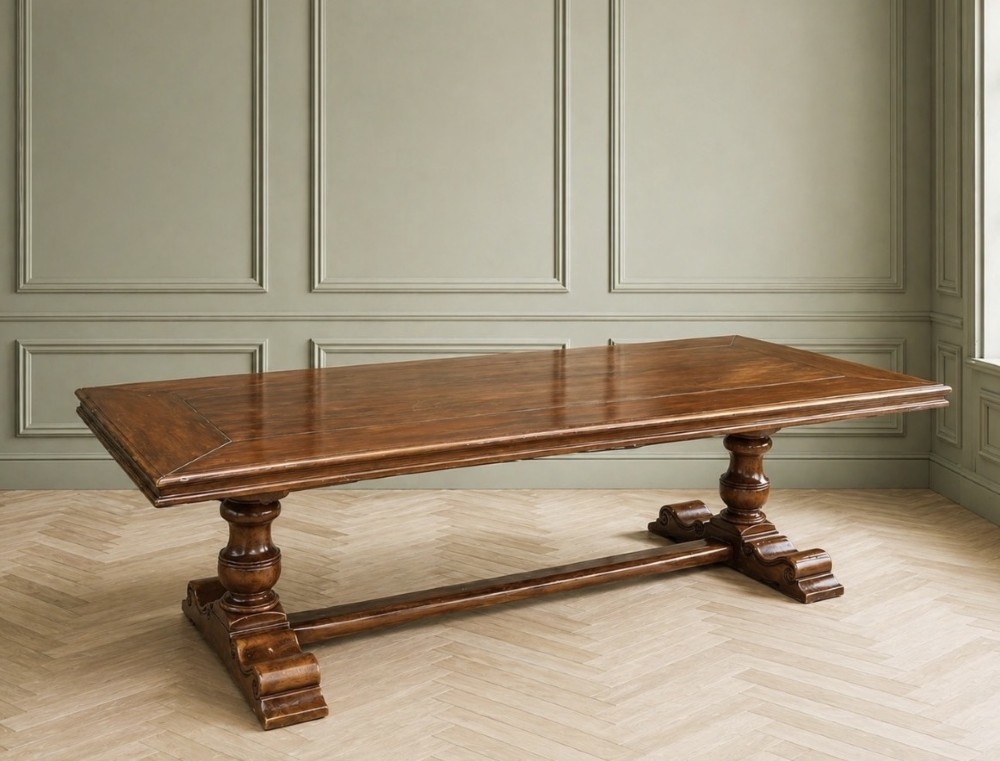 A rectangular walnut refectory dining table featuring turned pedestal columns, scroll shoe feet, and a low central stretcher.