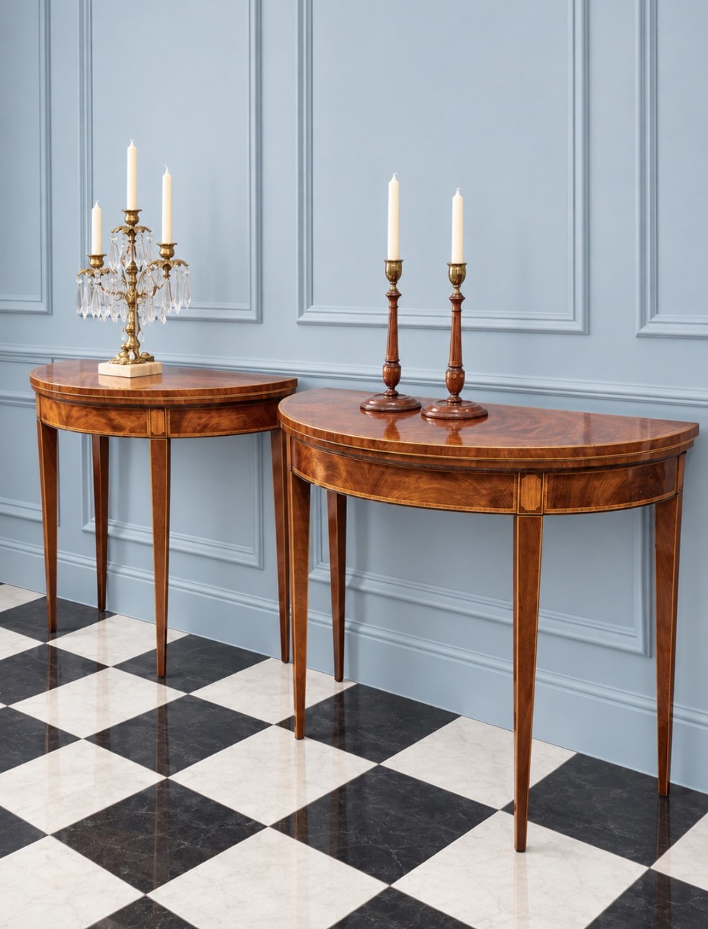 A pair of 18th-century Sheraton style mahogany demi-lune card tables featuring inlaid boxwood stringing and square tapered legs.
