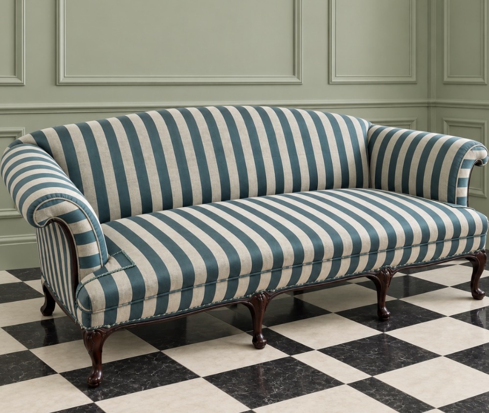 A three-seater English country house style sofa featuring teal and cream striped upholstery, rolled arms, a humped back, and carved mahogany cabriole legs.