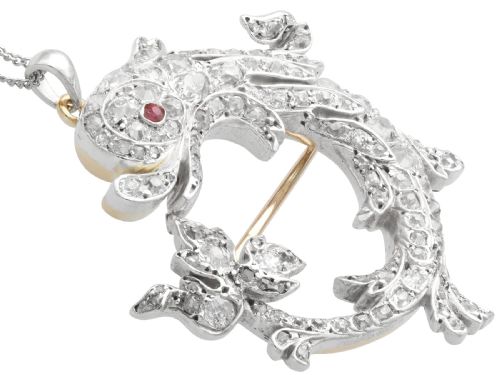 ANTIQUE VICTORIAN 305 CT DIAMOND AND RUBY 12 CT YELLOW GOLD DOLPHIN BROOCHPENDANT - ADDITIONAL PHOTO 3