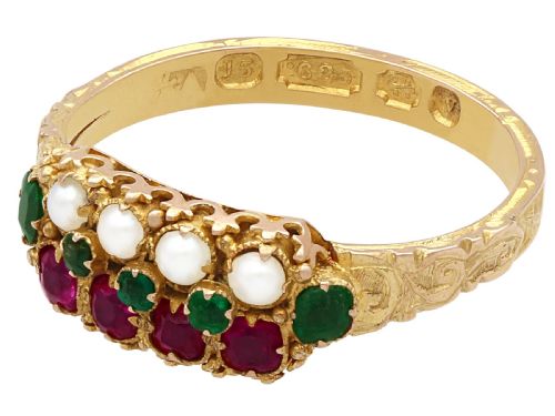 fig 2. A Victorian 15ct yellow gold dress ring set with multiple rows of emeralds, amethysts, and pearls featuring carved shoulders.