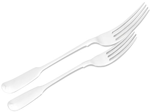 fig 6. An antique Victorian sterling silver cutlery set in the Fiddle pattern, featuring knives, forks, spoons, and ladles arranged on a plain white background.