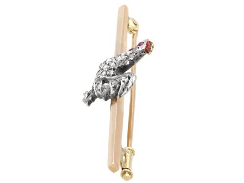 fig 3. An antique 14ct yellow gold bar brooch adorned with a silver-set diamond cockerel motif featuring a ruby eye and red enamelled details.