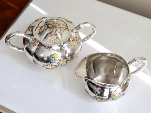 fig 1. Antique Japanese Silver and Enamel Cream Jug and Sugar Bowl Circa 1890