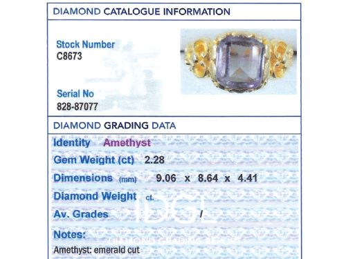 fig 5. An antique 15ct yellow gold ring featuring an emerald-cut purple amethyst gemstone with detailed scrollwork on the shoulders.